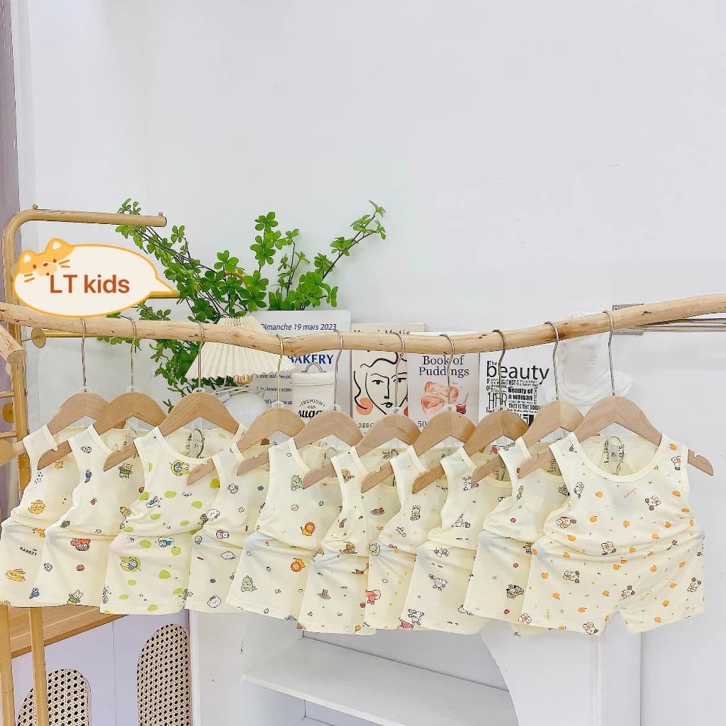 Set 3-5 Bộ ba lỗ Boonhousee bộ quần áo mùa hè cho bé chất thun peptit thoáng mát nền kem in họa tiết