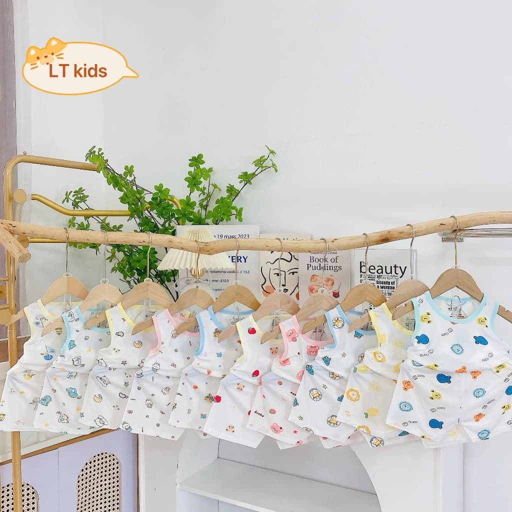 Combo 3-5 Bộ Ba Lỗ Phối Viền Nền Trắng In Họa Tiết Chất Thun Peptit Mềm Mại Cho Bé 3-13kg