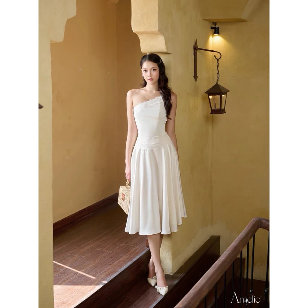 AMELIE - Váy lệch vai lụa phối ren - Leblanc dress ame509