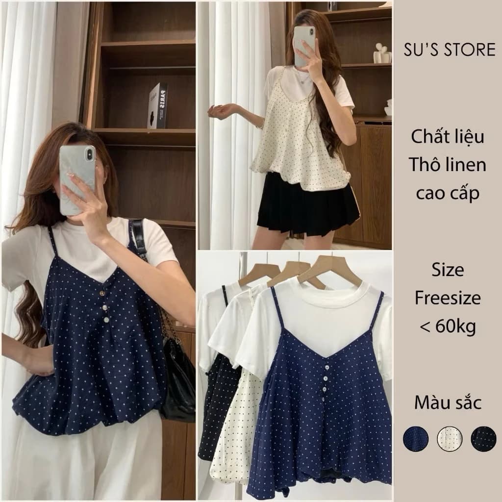 Set Yếm Nữ 2 Dây Chấm Bi Dáng Bí Cúc Dọc Kèm Áo Thun Trơn KENCO Clothing SG Thời Trang Nữ M3802