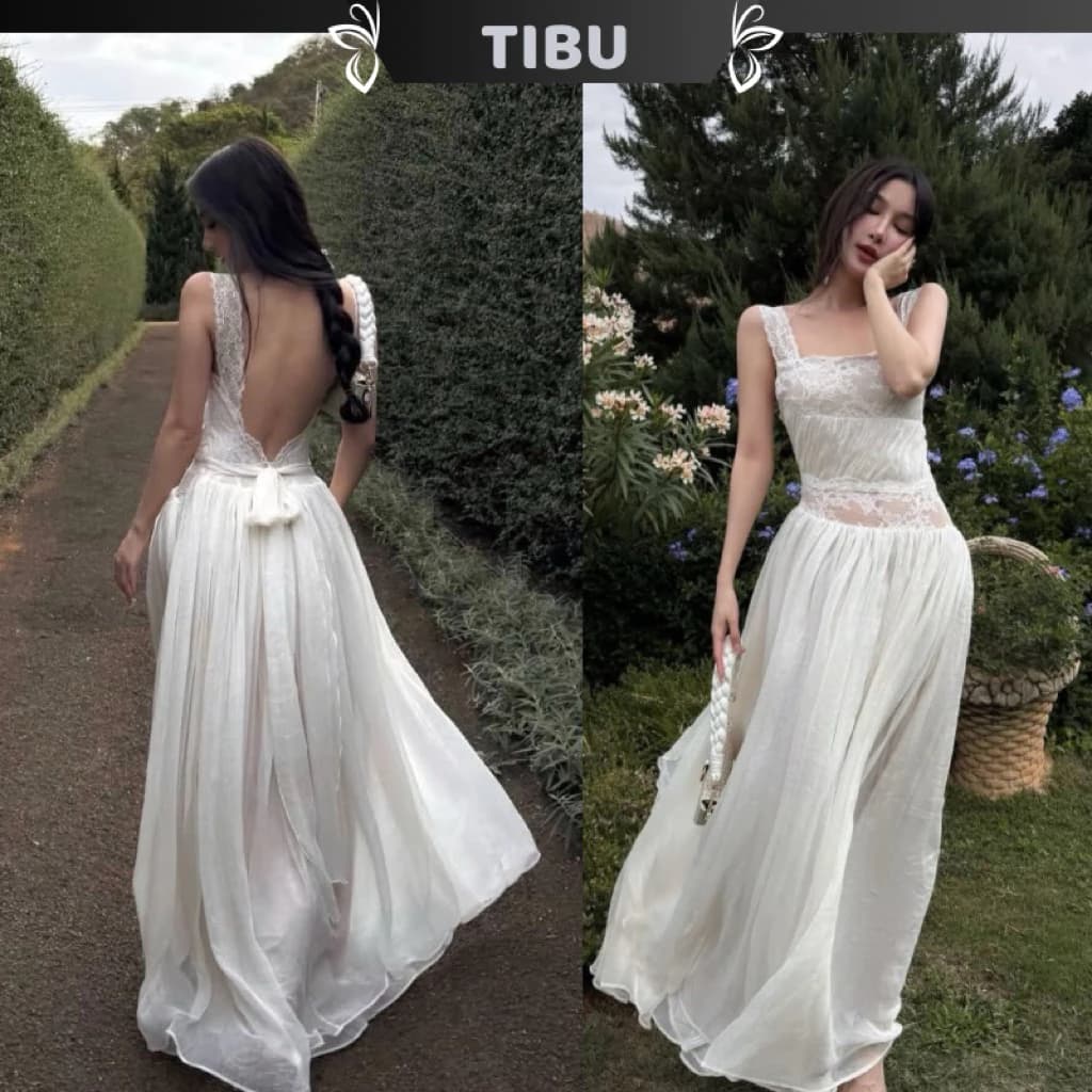 TIBU - Đầm Maxi Hai Dây Hở Lưng Cột Nơ Dáng Xoè Tiểu Thư Sang Chảnh Phối Ren Đi Chơi Dạo Phố D711