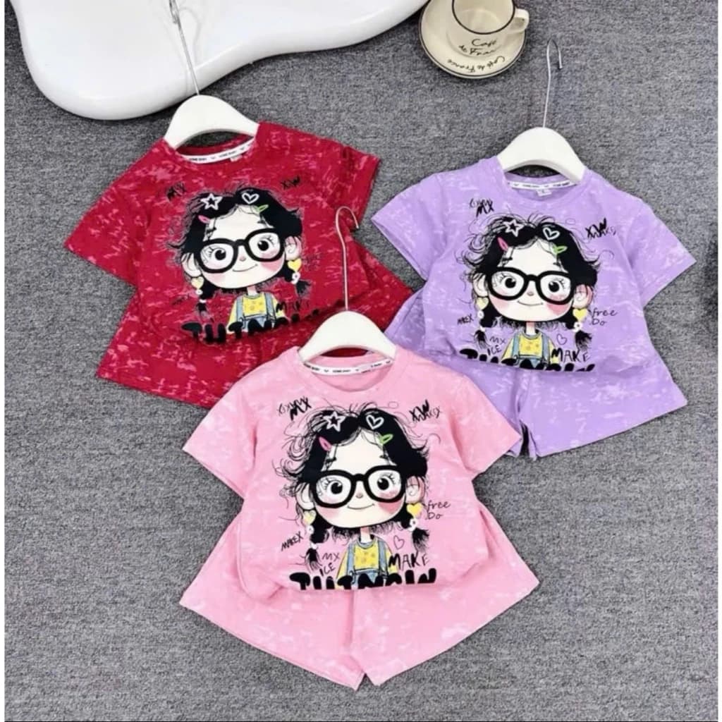 Bộ quần áo ngắn tay bé gái in họa tiết cô gái size 9-35kg chất cotton(t3)