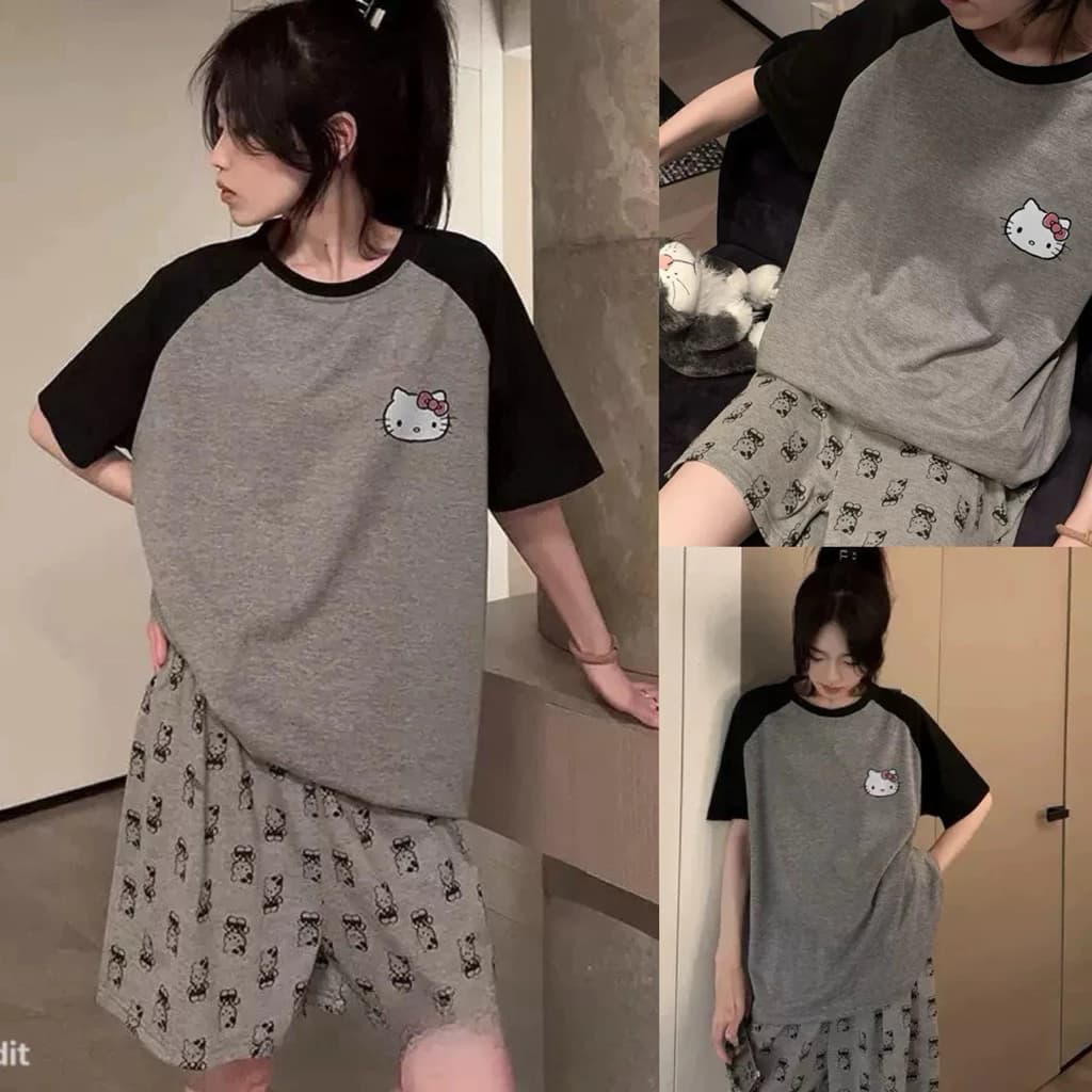 [ Deal Mở Bán ] Set Bộ Raplan Tay Đen Mèo Kitty . Bộ đồ cộc tay mùa hè form rộng dễ thương