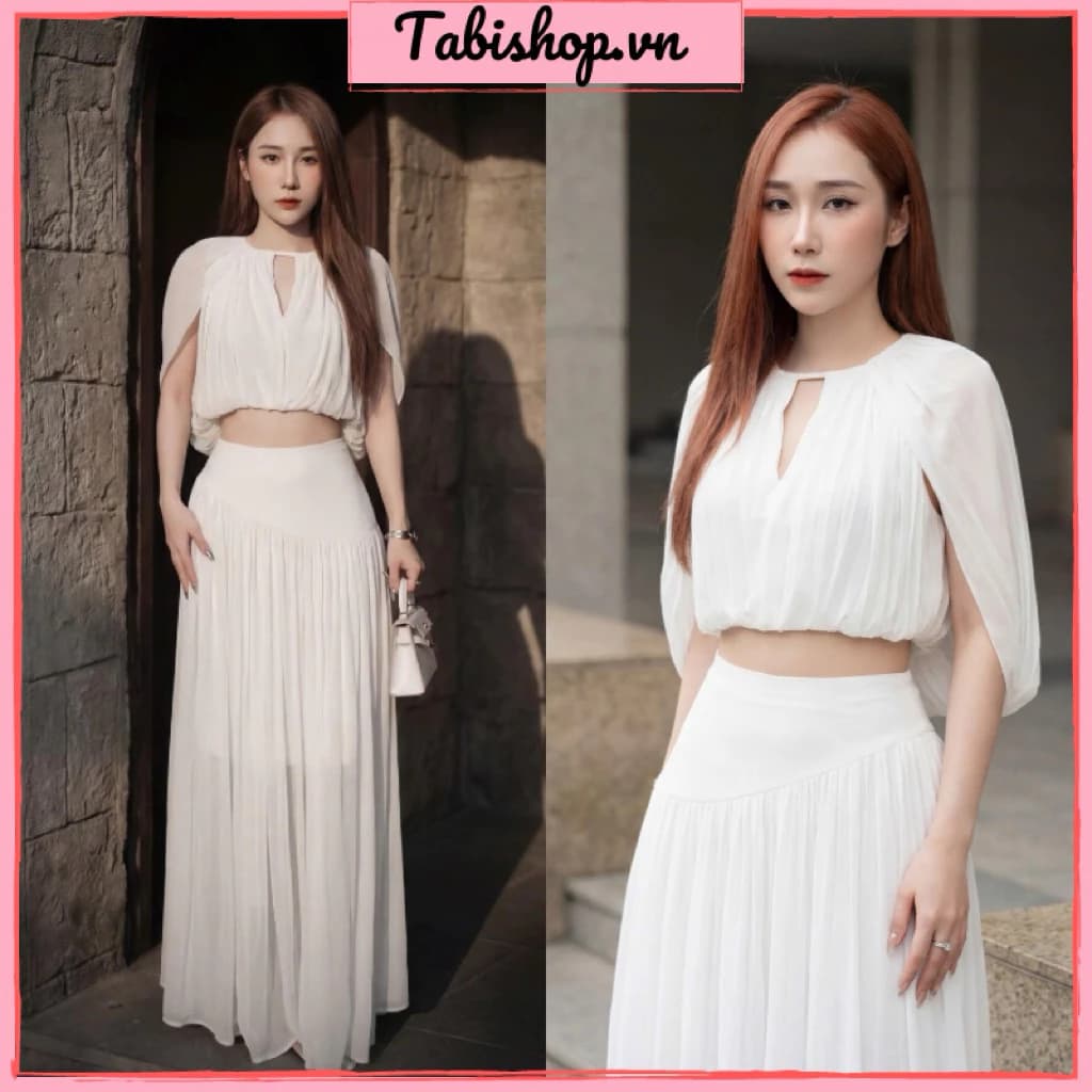 Set đồ tiểu thư sang chảnh TABISHOP Set áo tay lửng khoét cổ lạ mắt phối chân váy dài đi dự tiệc đi biển(288)