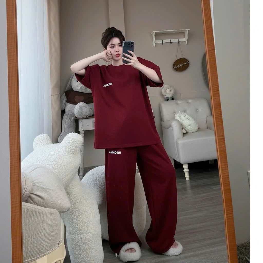 CHÍNH HÃNG Set bộ thun umi 2 da chữ ISMA áo cổ tròn tay lỡ phối quần ống suông dáng dài form rộng unisex