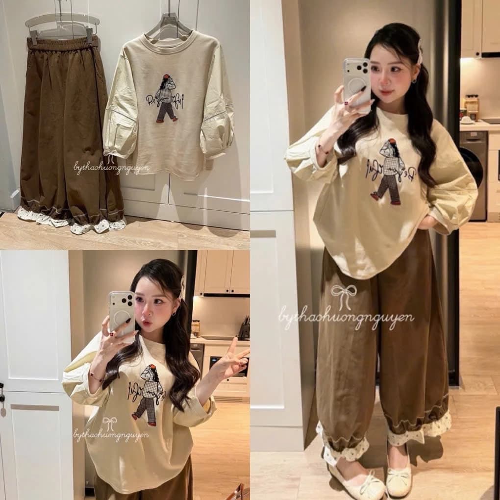 Set Bộ Đồ Nữ Nâu Be Áo In Cô Gái Phối Tay Mix Quần Jogger Ống Rộng Phối Viền Gấu