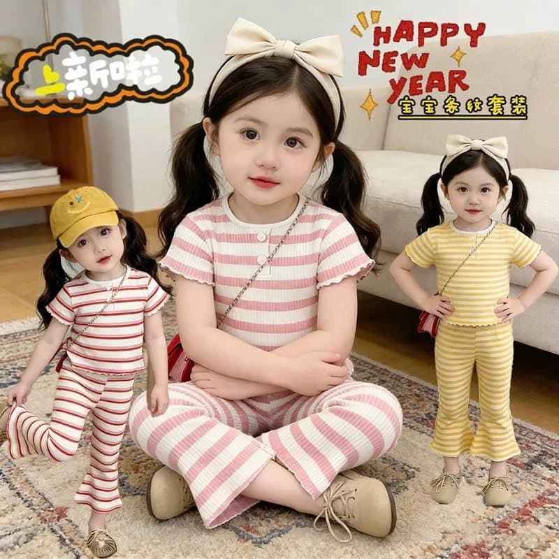 Bộ quần áo kẻ áo rua quần loe bé gái dễ thương 8-18kg