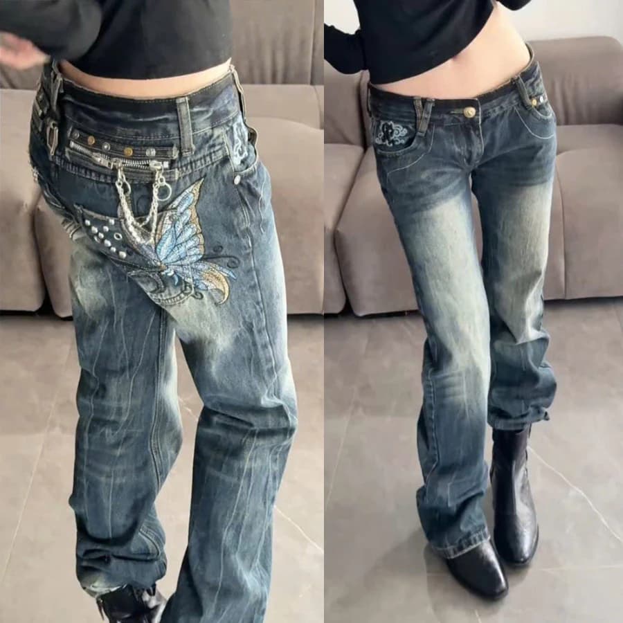 [HOT SALE] Quần jean cạp trễ Butterfly vintage wash kèm dây xích – Y2K unisex