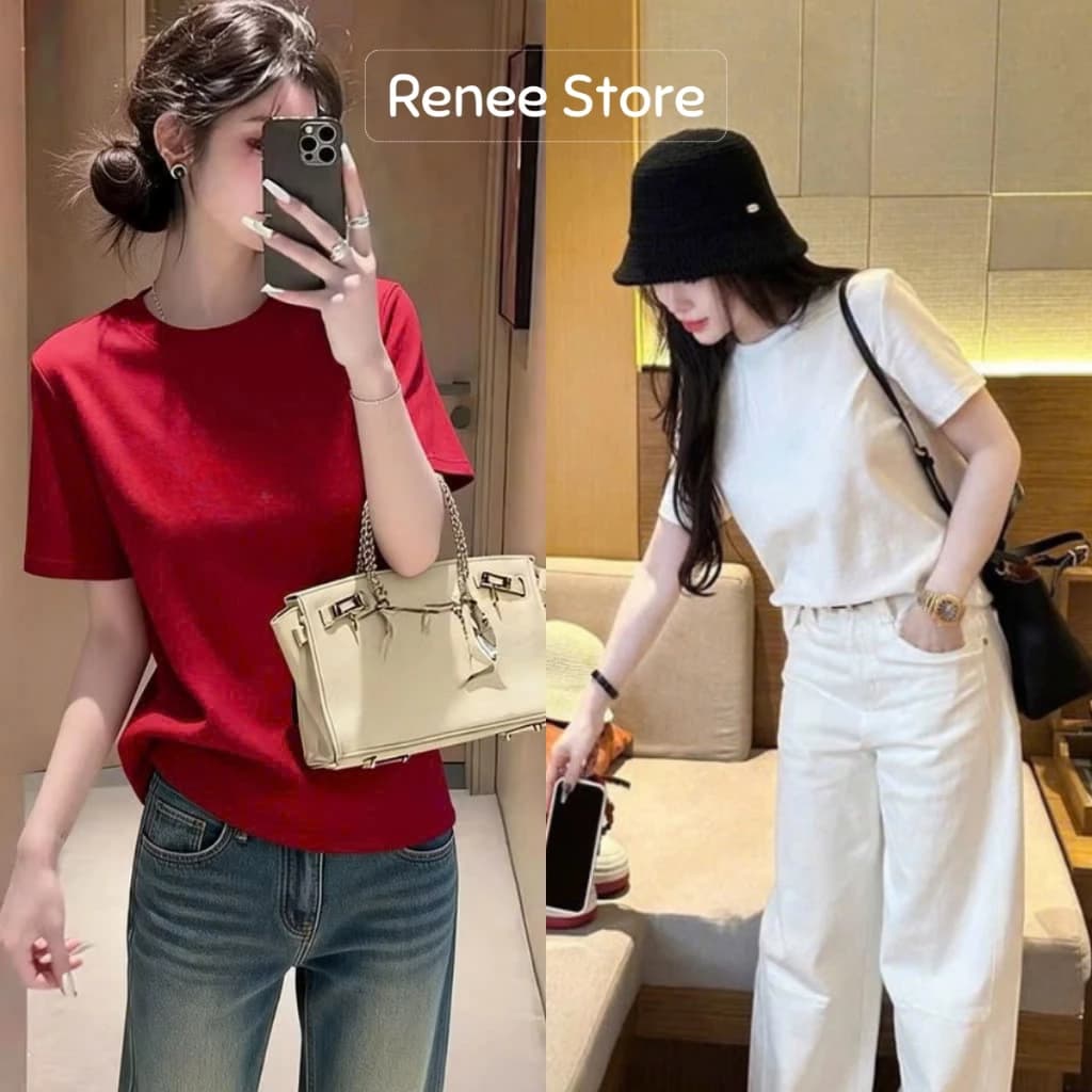 Áo phông cổ tròn cộc tay nữ chất cotton 4 chiều, áo thun trơn co giãn Renee Store - A1480