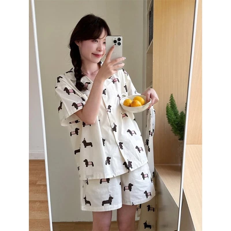 Đồ Bộ Pijama Nữ Ngắn Tay Cotton Cloud Họa Tiết Chó Dachshund Dễ Thương - Ngắn Tay Mùa Hè Thoáng Mát, Mềm Mịn