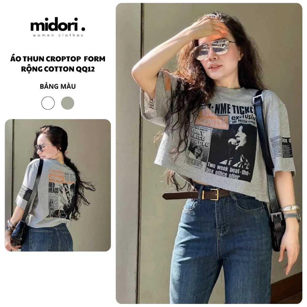 Áo thun croptop nữ form rộng Midori Shop, Áo baby tee nữ tay lỡ cổ tròn hình in cao cấp QQ12