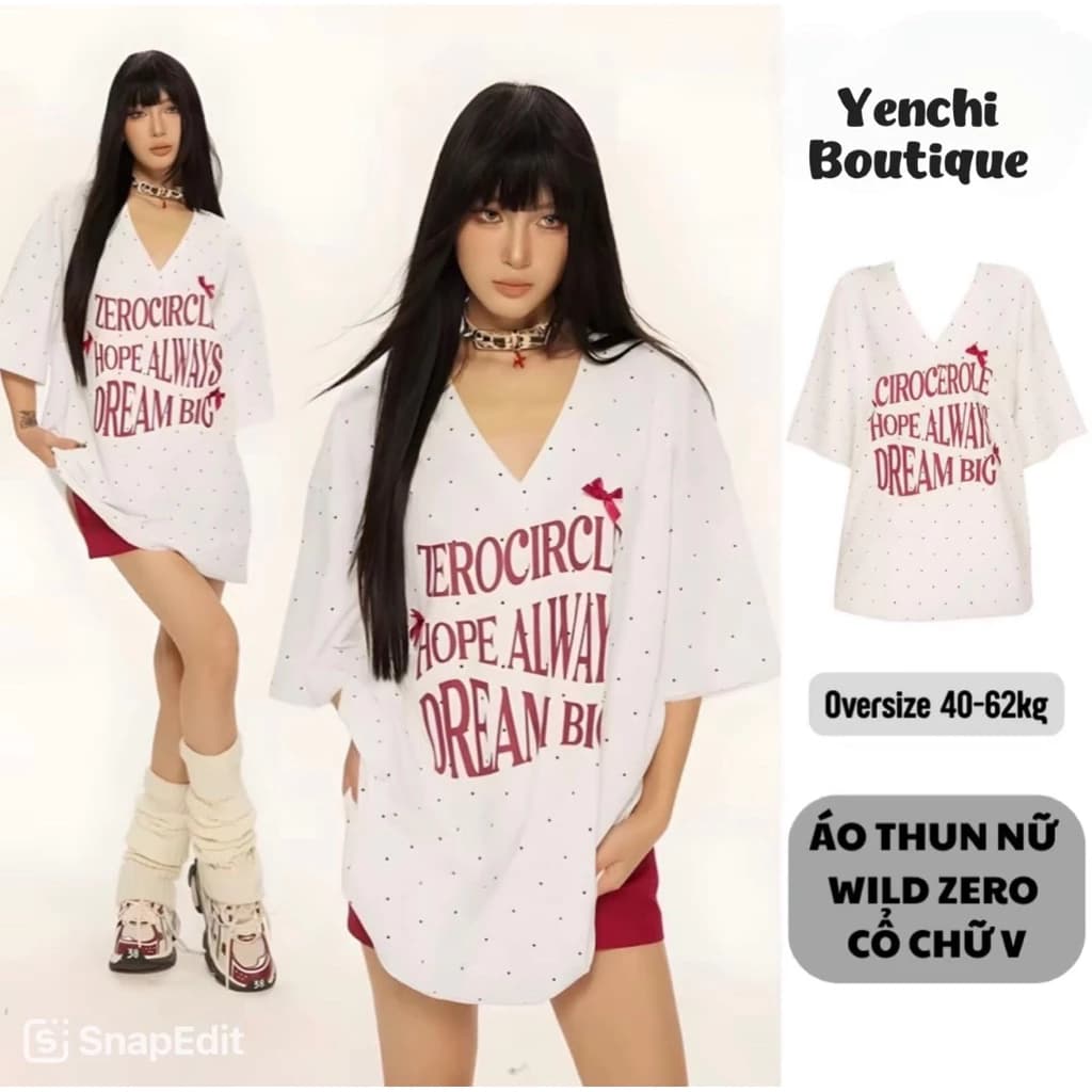 [ Deal Mở Bán ] Áo Thun Cổ V Chấm Bi Zerocirle Nữ. Áo Phông Form rộng cotton phong cách unisex