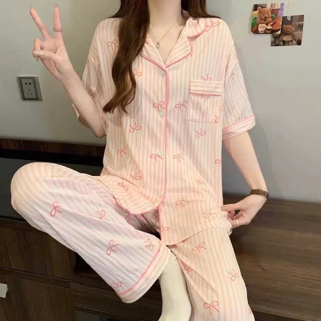[Sẵn] Bộ ngủ pyjama áo ngắn quần dài nữ loại đẹp nhiều hoạ tiết mặc nhà chất cotton đũi nhiều màu sắc