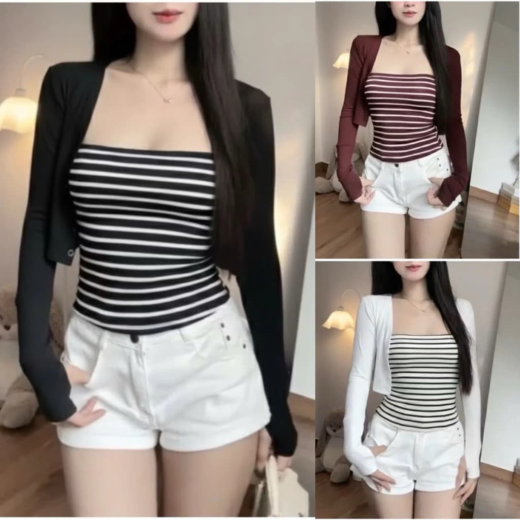 Set áo khoác Cardigan croptop mix áo ống sọc ngang ôm body xinh đẹp phong cách GOV315