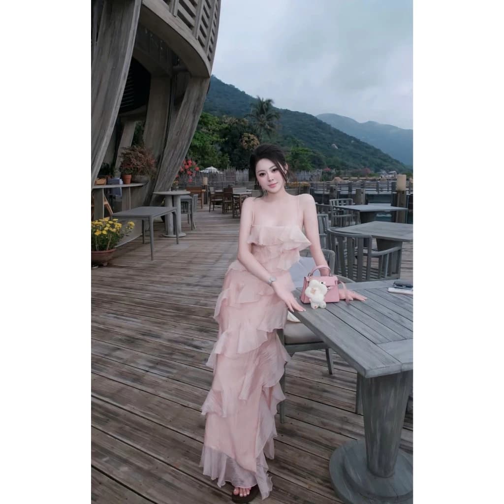 LYN- ĐẦM VÁY NỮ HAI DÂY TUARUA CAM HỒNG NHẠT DÁNG MAXI DÀI