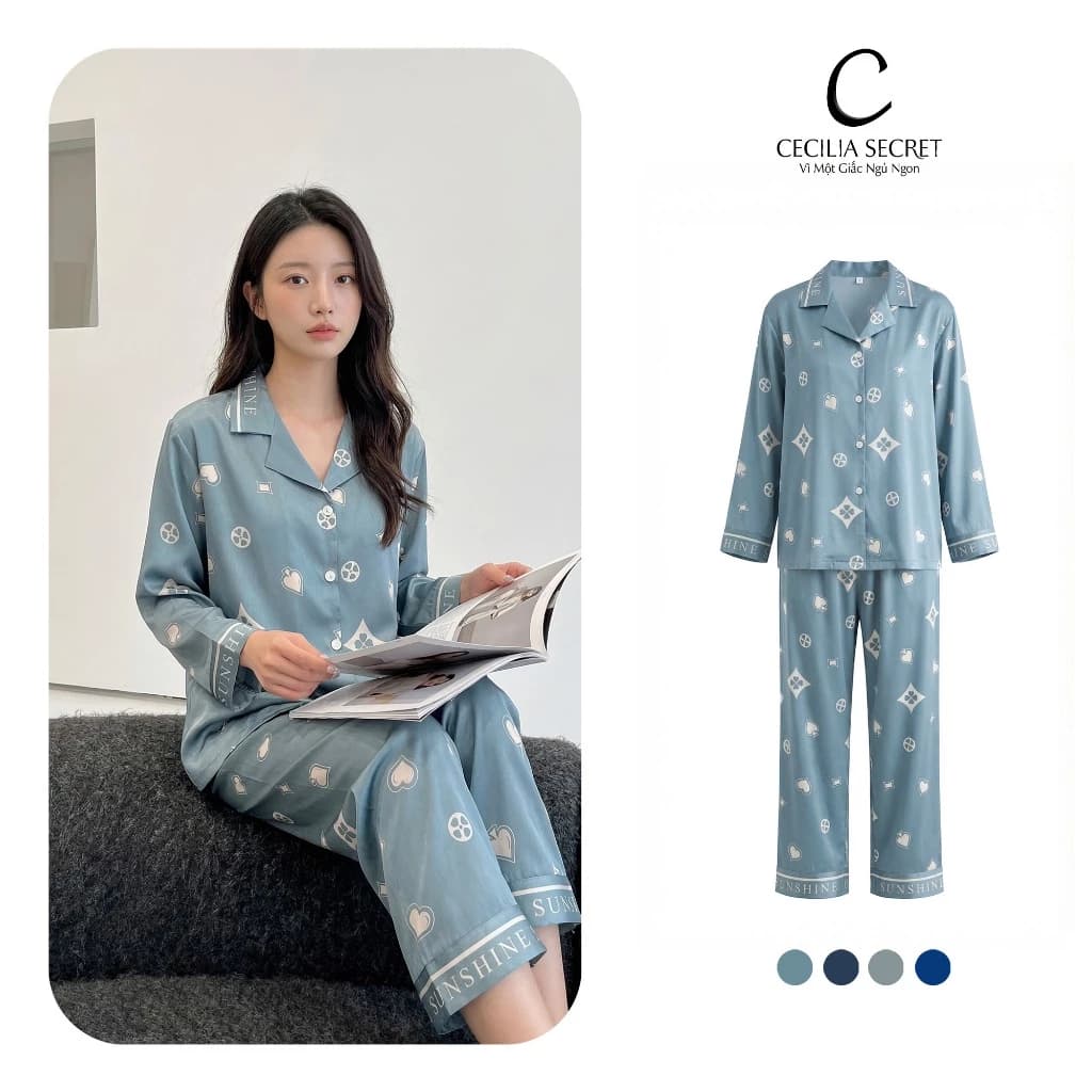 Đồ bộ pijama nữ lụa siêu cấp tay dài quần dài hoạ tiết cecilia_secret