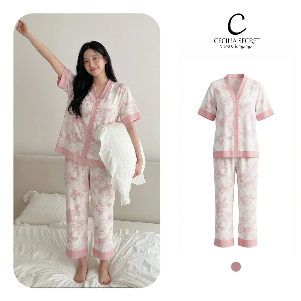 Pijama Lụa Cecilia Tay Ngắn Quần Cộc Họa Tiết Tranh Hồng
