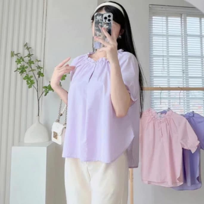 Áo Sơ Mi Nữ JASEY Cổ Nhún Tay Bồng Chất Thô Mềm Dịu Dàng Trẻ Trung 6052