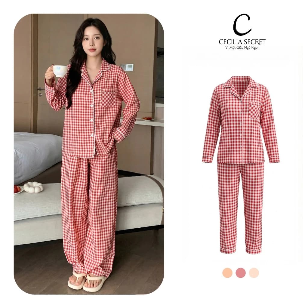 Bộ đồ ngủ pijama tay dài quần dài cotton Hàn