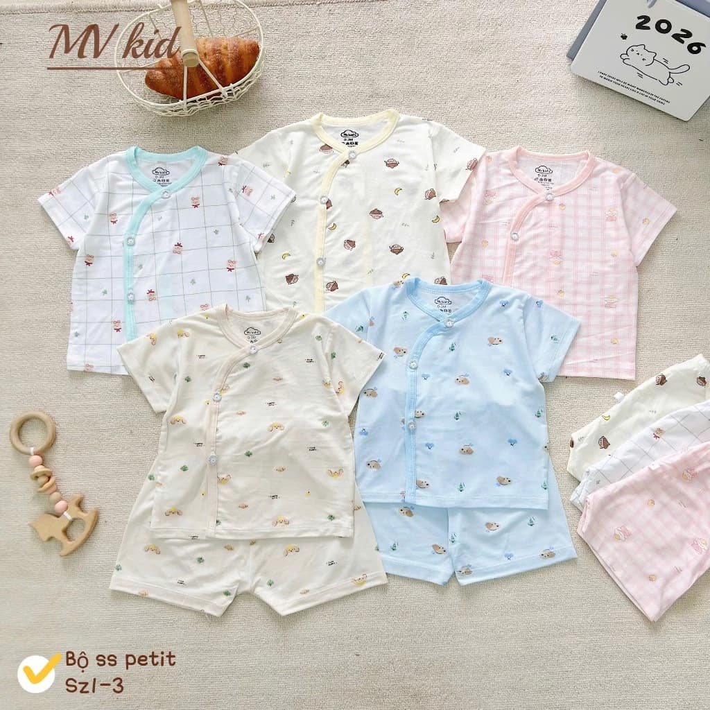 Combo 3-5 Bộ cộc tay mùa hè Boonhousee cúc chéo in hoạ tiết chất thun mềm mại cho bé từ 3-9kg