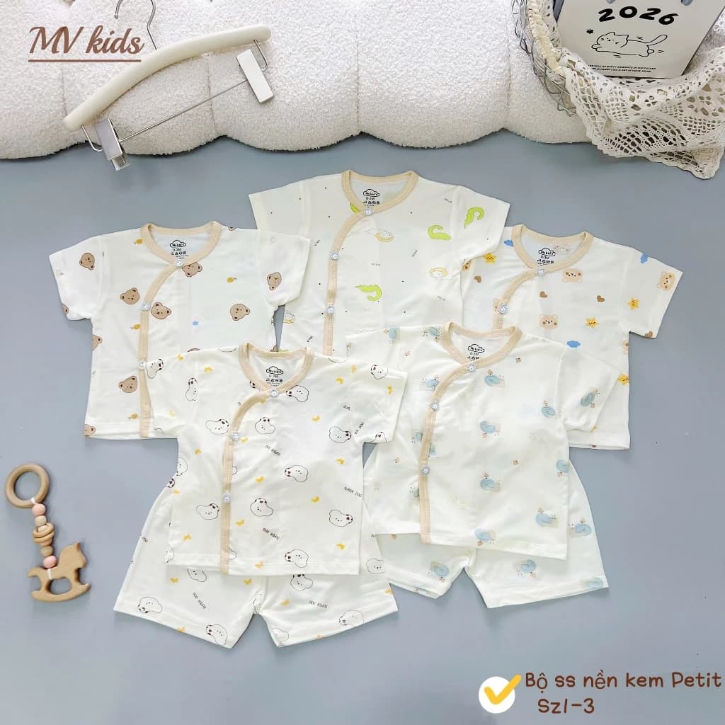 Set 5 Bộ cộc tay cúc chéo mùa hè chất thun peptit mềm mại thoáng mát với da bé nền kem in họa tiết