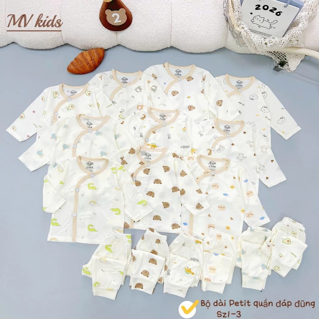 Combo 3-5 Bộ dài tay khuy chéo phối viền Boonhousee chất peptit mềm mại nền kem hoạ tiết cho bezzz