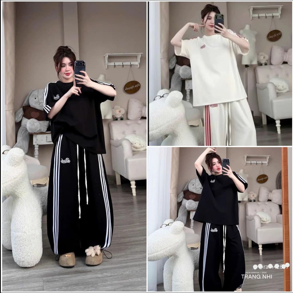 Sét Bộ Thể Thao Thêu Sọc Chữ BAD Phối Sọc Basic Quần Suông Ống Rộng Dành Cho Cả Nam Và Nữ