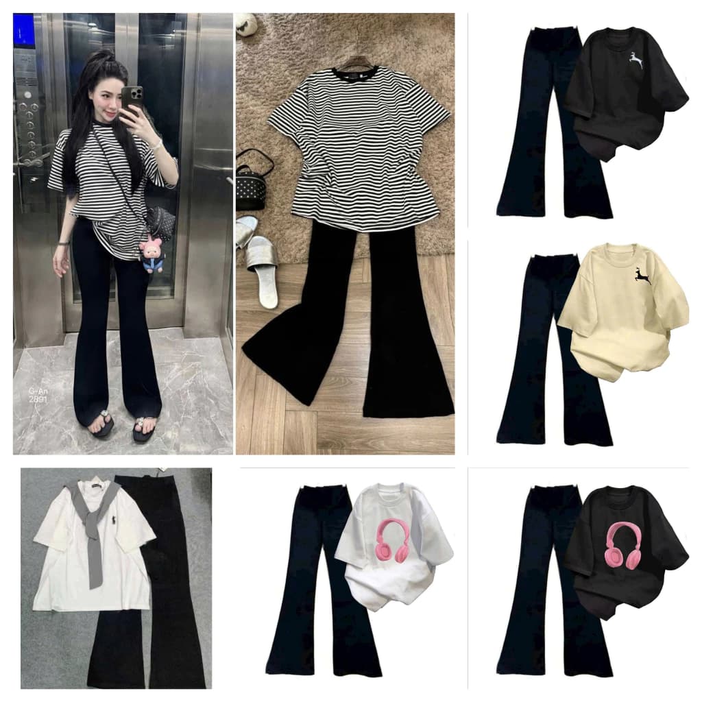 Tổng Hợp Các Mẫu Áo Phông In Hình Mix quần Ống Loe Bản Trơn Phong Cách Hàn Quốc Siêu Dễ Thương