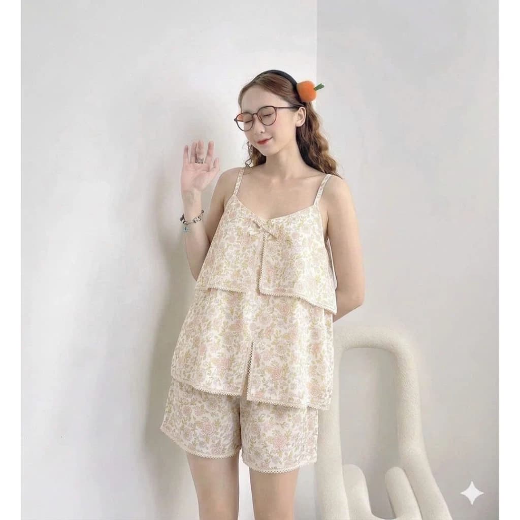 Bộ đồ ngủ nữ áo 2 dây quần ngắn hoa nhí dễ thương mặc ở nhà chất Lụa, Đũi, Tole, Lanh, xô muslin mềm mát ĐBTK