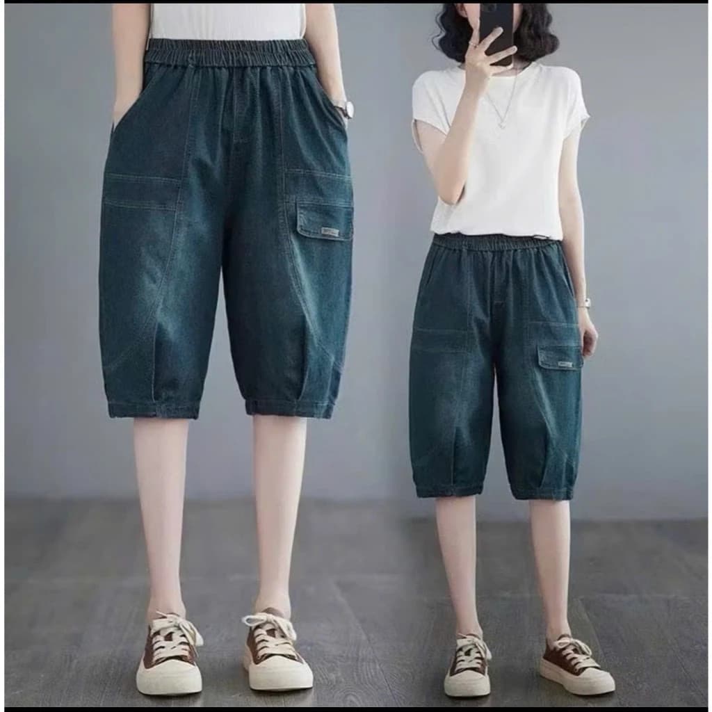 Quần Ngố Bò Giấy Mềm Lưng Thun Cho Nữ thiết kế túi nắp trẻ trung
