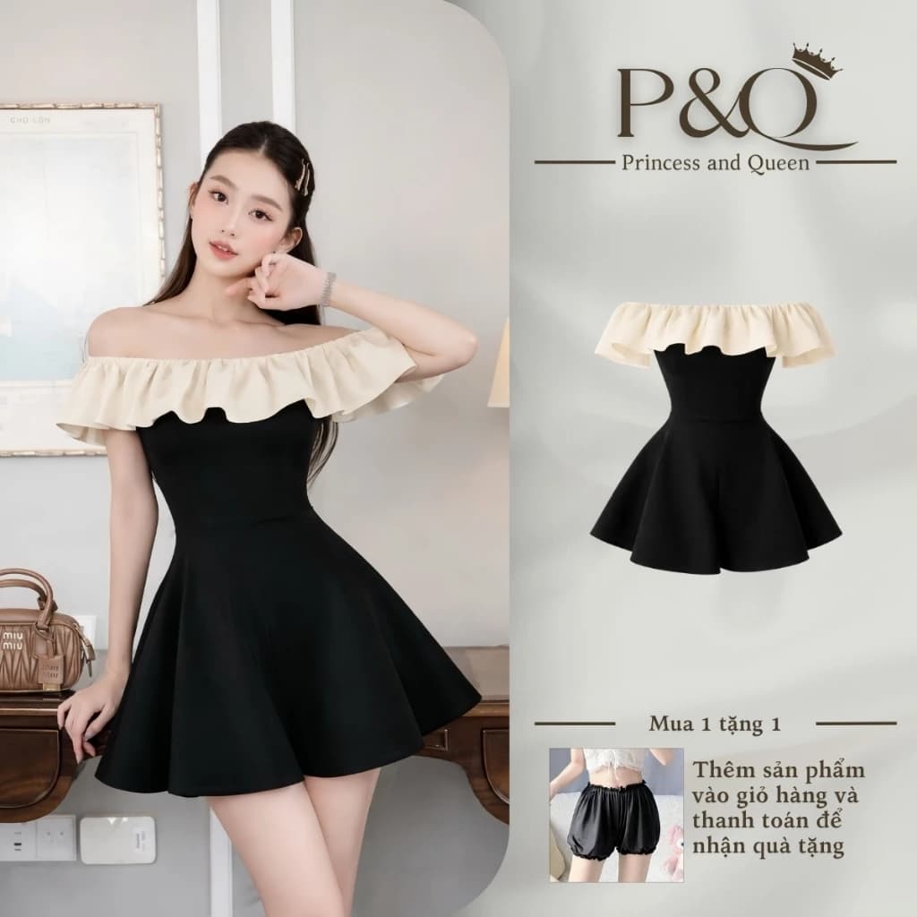 Váy đầm tiểu thư P&Q dáng ngắn cúp ngực trễ vai phối bèo trắng ôm eo quyến rũ | vd0110
