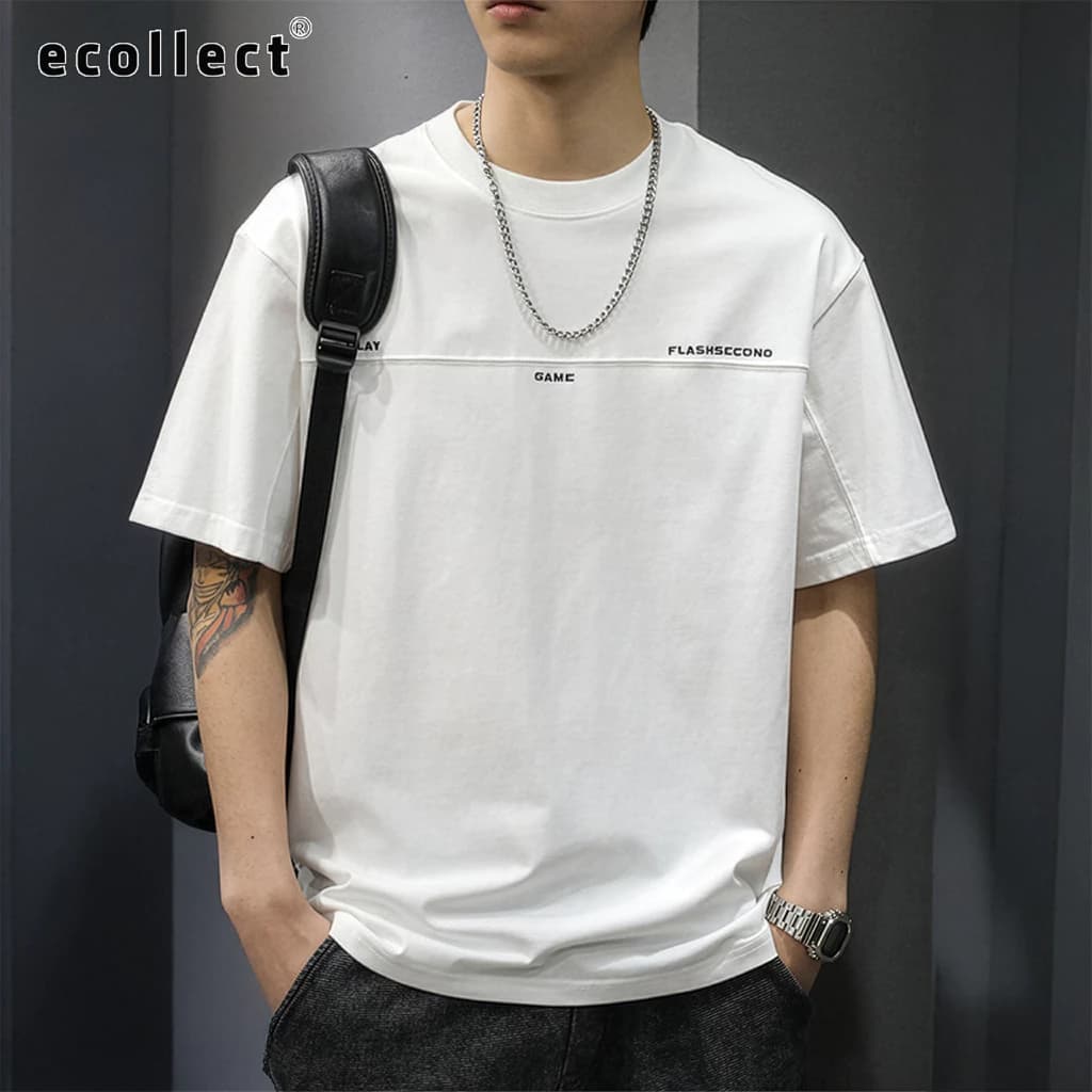 Áo thun nam ECOLLECT CT06 cotton form rộng, chữ thêu ngang ngực, áo phông tay lỡ basic thời trang hè