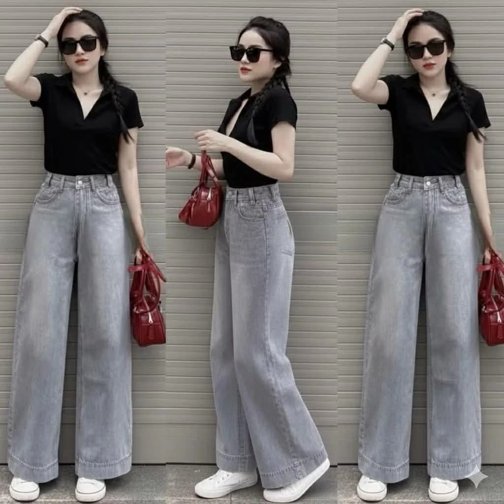 Quần bò ống suông xám khói gấu 5cm chất jeans mềm cạp cao phom dáng Hàn Quốc