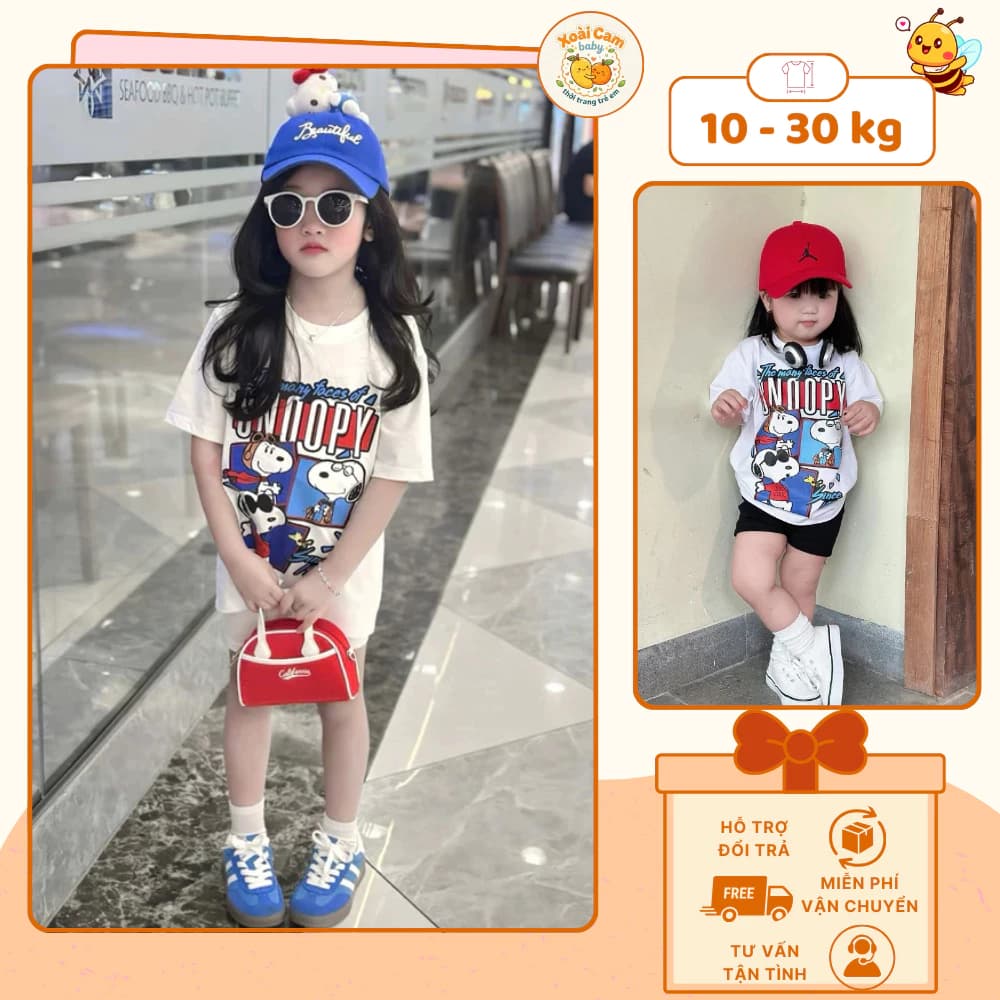 Set Legging Bé Gái Hình Snoopy Xanh, Set Áo Thun Cotton In Hoạt Hình Kèm Quần Legging Co Giãn Mềm Mát Cho Bé Gái - M3