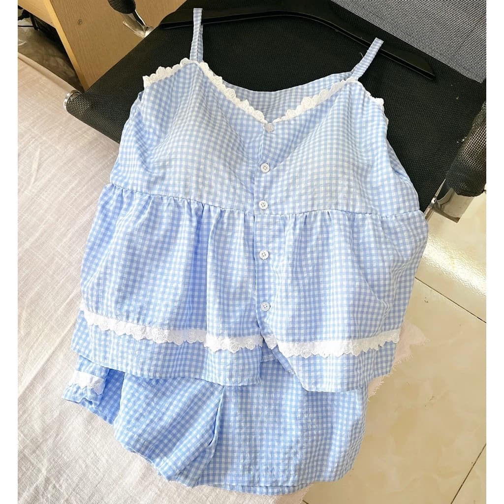 Set Đồ Bộ Nữ 2 Dây Có Mút Ngực viền ren chất kate Thoáng Mát, Đồ Ngủ Mặc Nhà Xinh Xắn ĐBTK