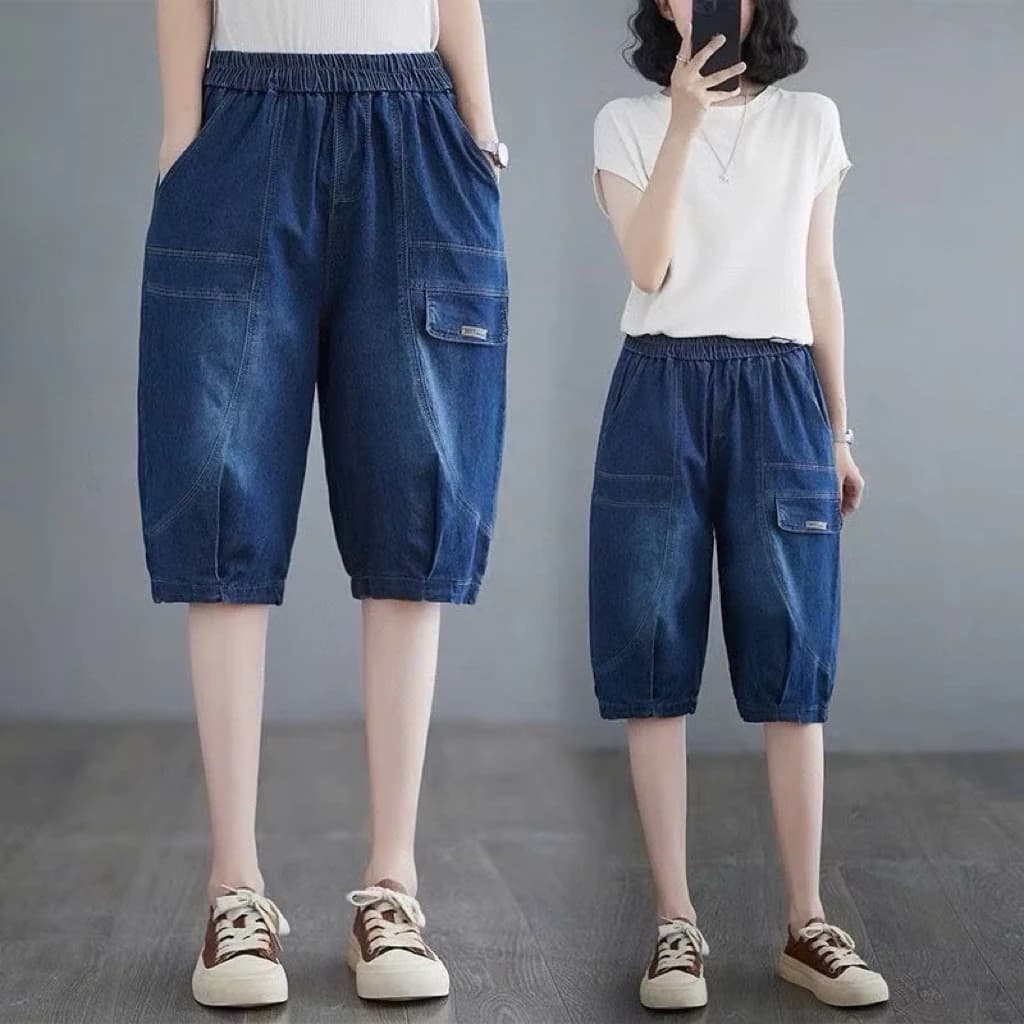 Quần ngố jean Túi Nắp, Quần bò dáng lửng form baggy màu xanh đen phong cách thời trang năng động