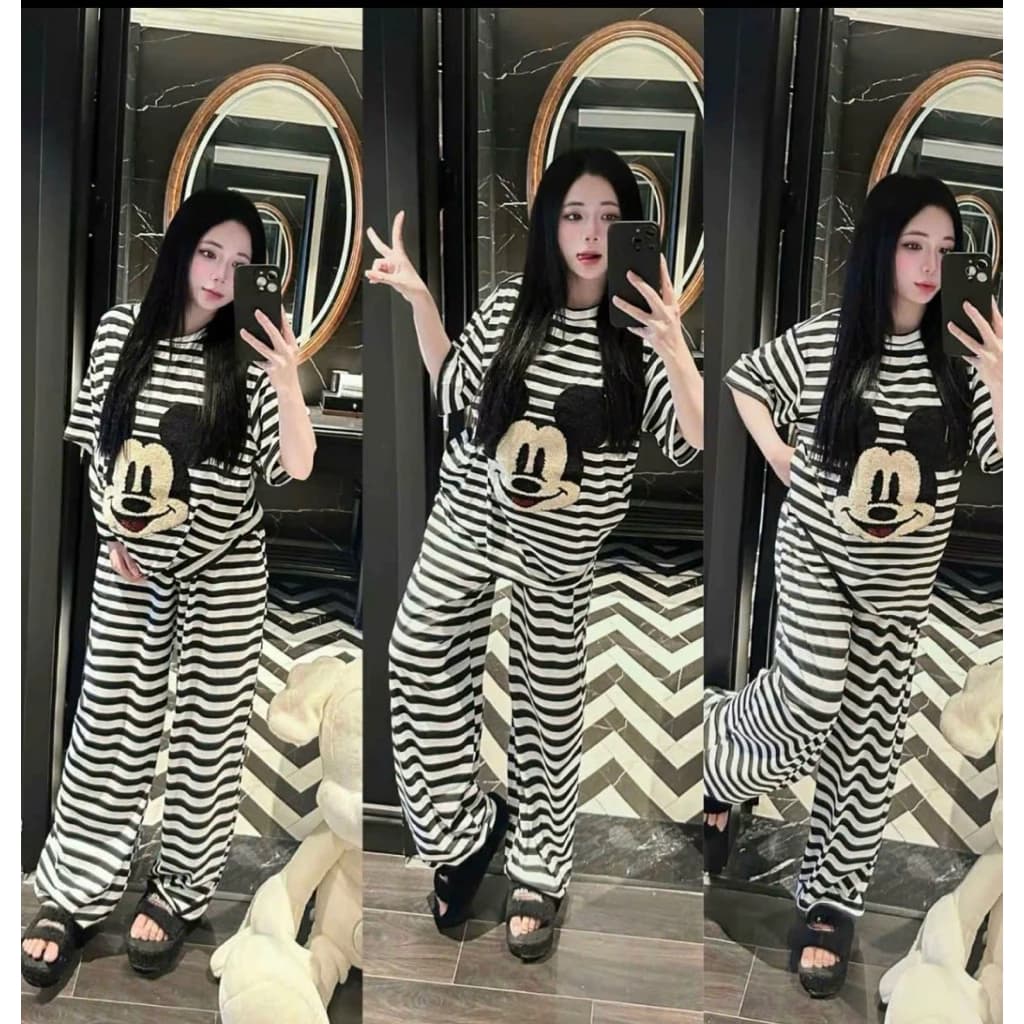 Sét bộ kẻ cộc in hình  gấu from rộng mềm mát