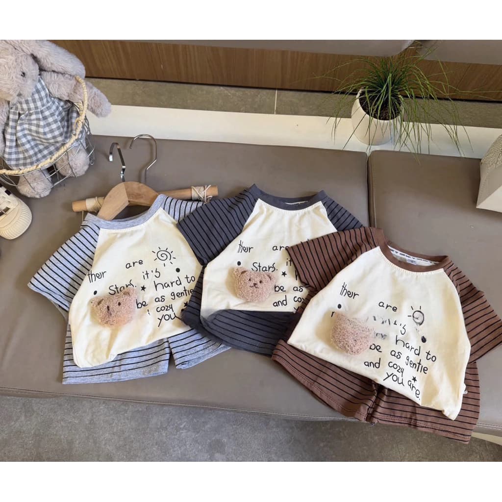 ( Tặng kèm Gấu) Bộ cộc tay kẻ chữ tặng kèm gấu Cute cực xinh cho bé yêu