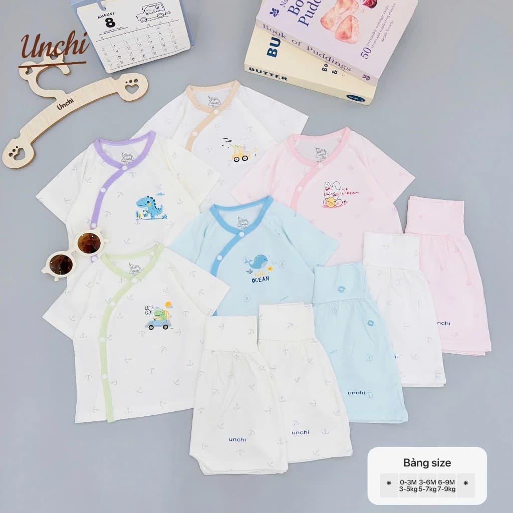 Bộ Quần Áo Cộc Tay Sơ Sinh Cạp Cao Unchi Vải Petit Viền Màu Mềm Mại Cho Bé 3-9kg Babico