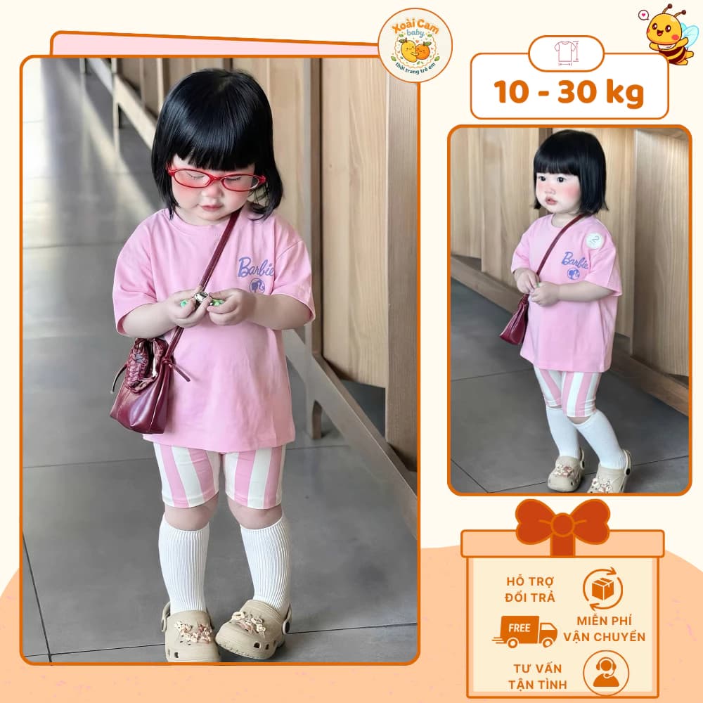 Set Đồ Bé Gái Barbie Dễ Thương, Bộ Thun Cotton Thun Form Rộng Phối Quần Legging Sọc Co Giãn Thoải Mái cho Bé Gái -M9