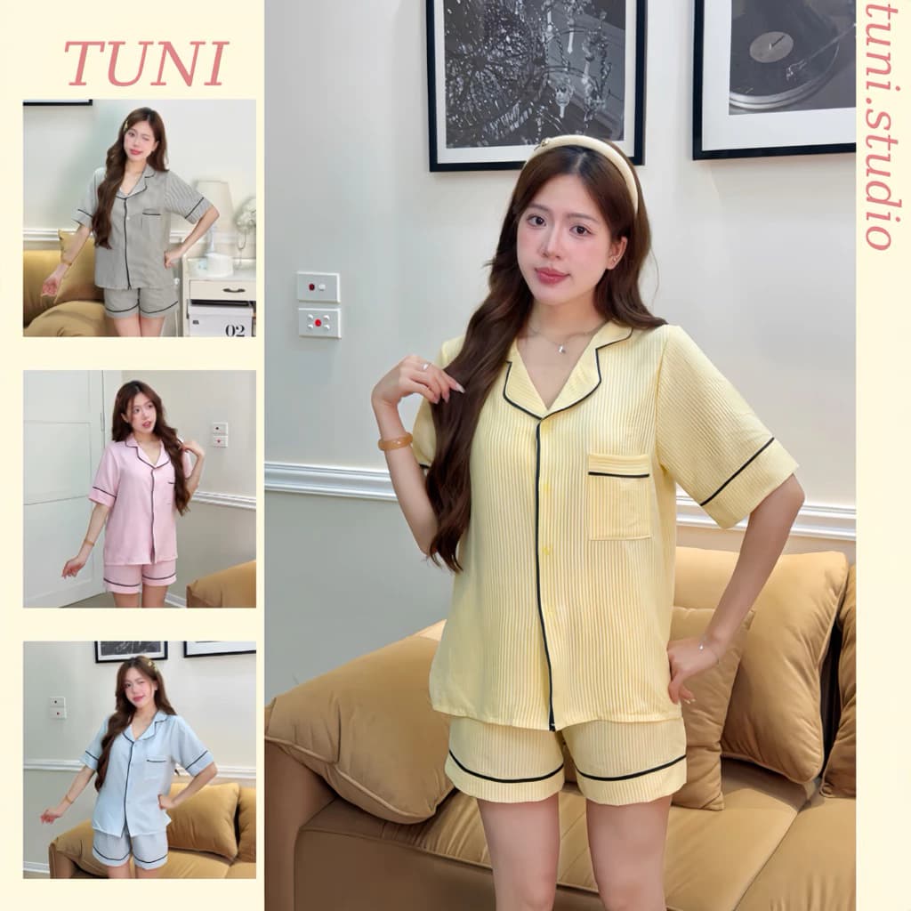 Tuni.studio Bộ Đồ Ngủ Pijama Kẻ Sọc Áo Cộc Quần Cộc Phối Viền Xinh PJMKSCC01