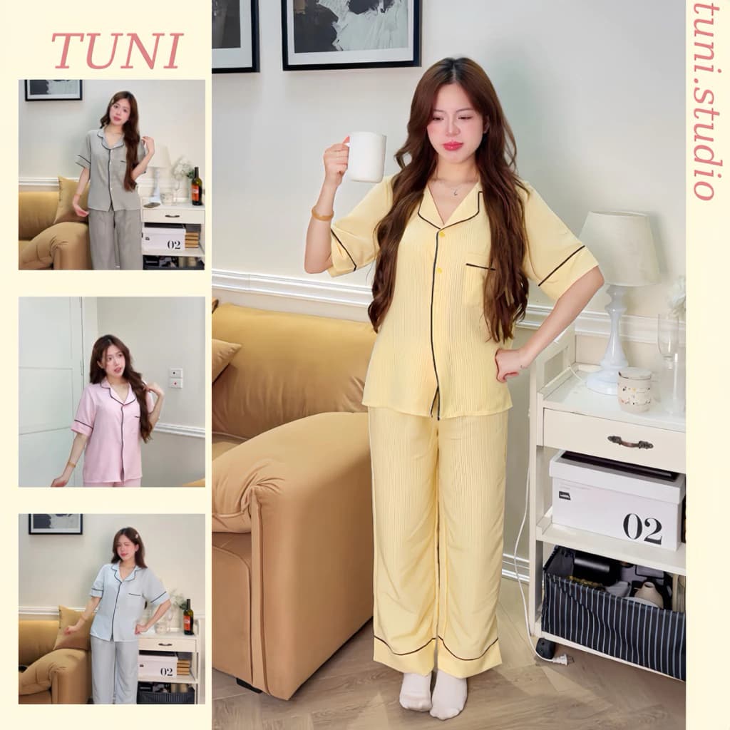 Tuni.studio Bộ Đồ Ngủ Pijama Kẻ Sọc Áo Cộc Quần Dài Phối Viền Xinh PJMKSCD01