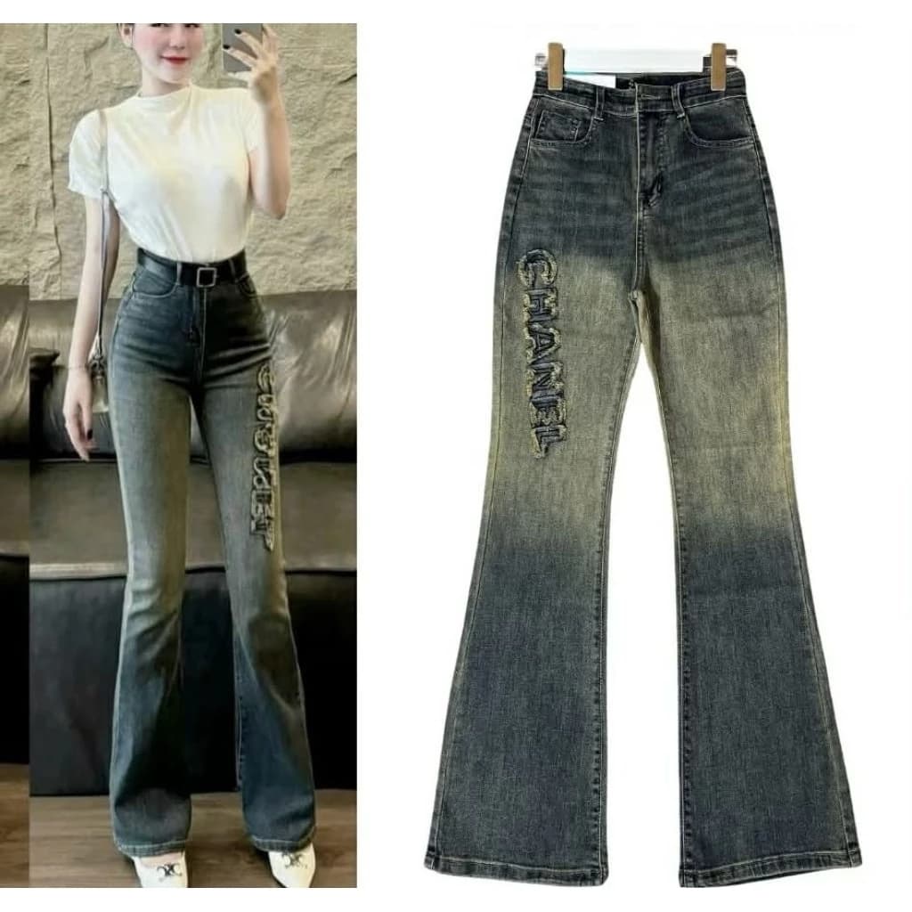 Quần jeans loe loang màu thêu chữ đùi chất bò mềm lưng cao co dãn 4 chiều tôn dáng cho nữ