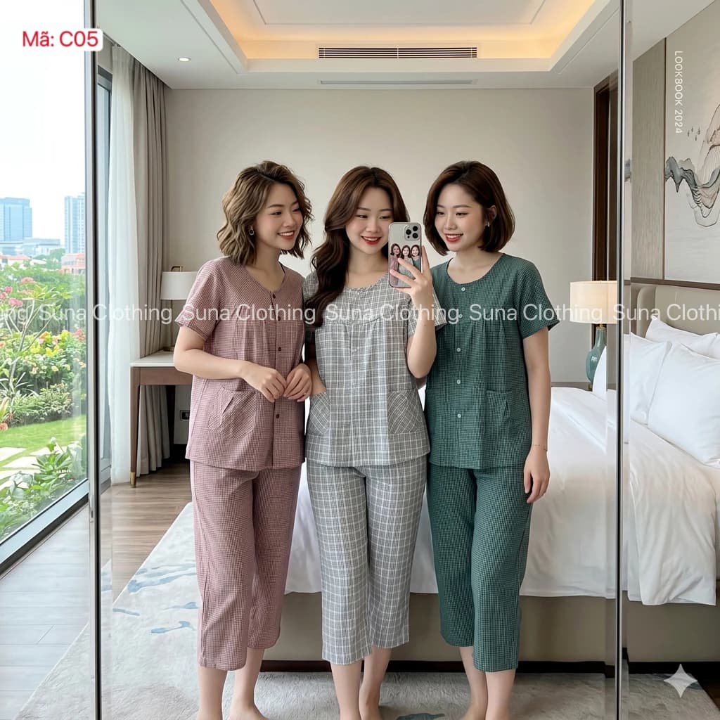 C05-Bộ đồ mặc nhà nữ SUNA cọc tay,quần lửng,cổ tròn, chất thô cotton mềm mịn, thấm hút mồ hôi