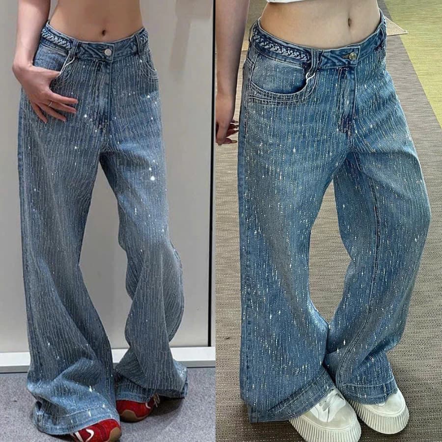 [DEAL SẴN] Quần Jean Nữ Ống Rộng Sọc Glitter – Sparkle Striped Denim Pants Y2K Vintage Baggy Fit