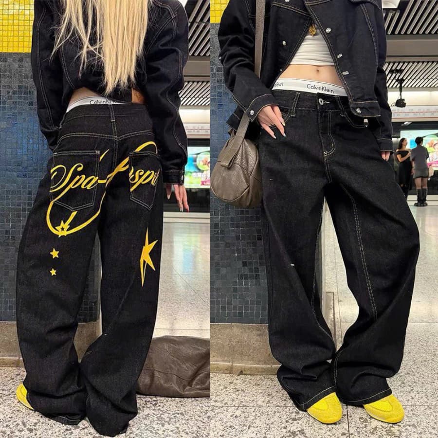 [DEAL MỞ BÁN] Quần Jean Nữ Ống Rộng Đen In Sao – Star Graphic Denim Pants Y2K Streetwear Baggy