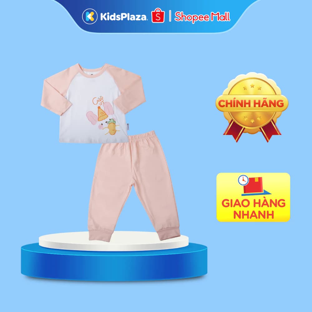Bộ quần áo dài tay bé gái KidsPlaza cotton in carrot M25T (Trắng hồng)