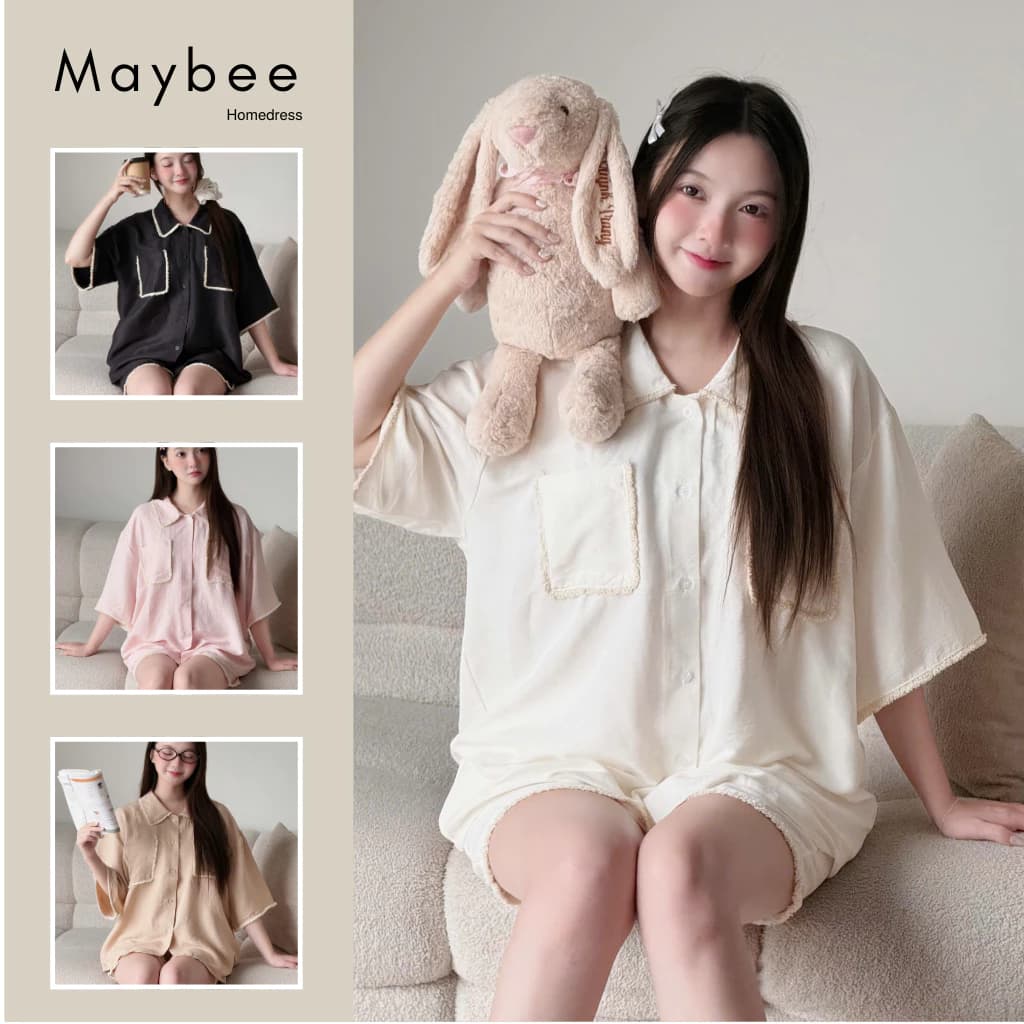 MB-SET-025 Set đồ ngủ ngắn tay trơn dáng rộng phối ren gấu 2 túi Maybee Homedress