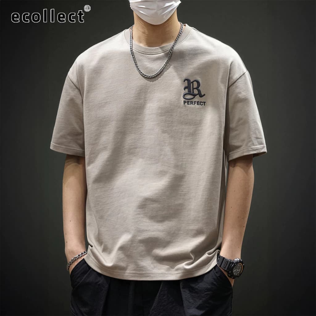 Áo thun nam ECOLLECT CT13  chất vải cotton form rộng thêu nổi R PERFECT áo phông tay ngắn basic mềm mát dễ phối đồ