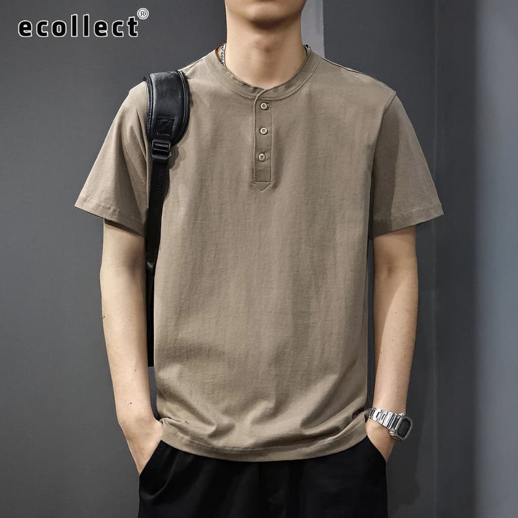 Áo thun nam cổ Henley ECOLLECT CT04 chất vải cotton form rộng basic, áo phông tay ngắn trơn tối giản thoáng mát dễ phối